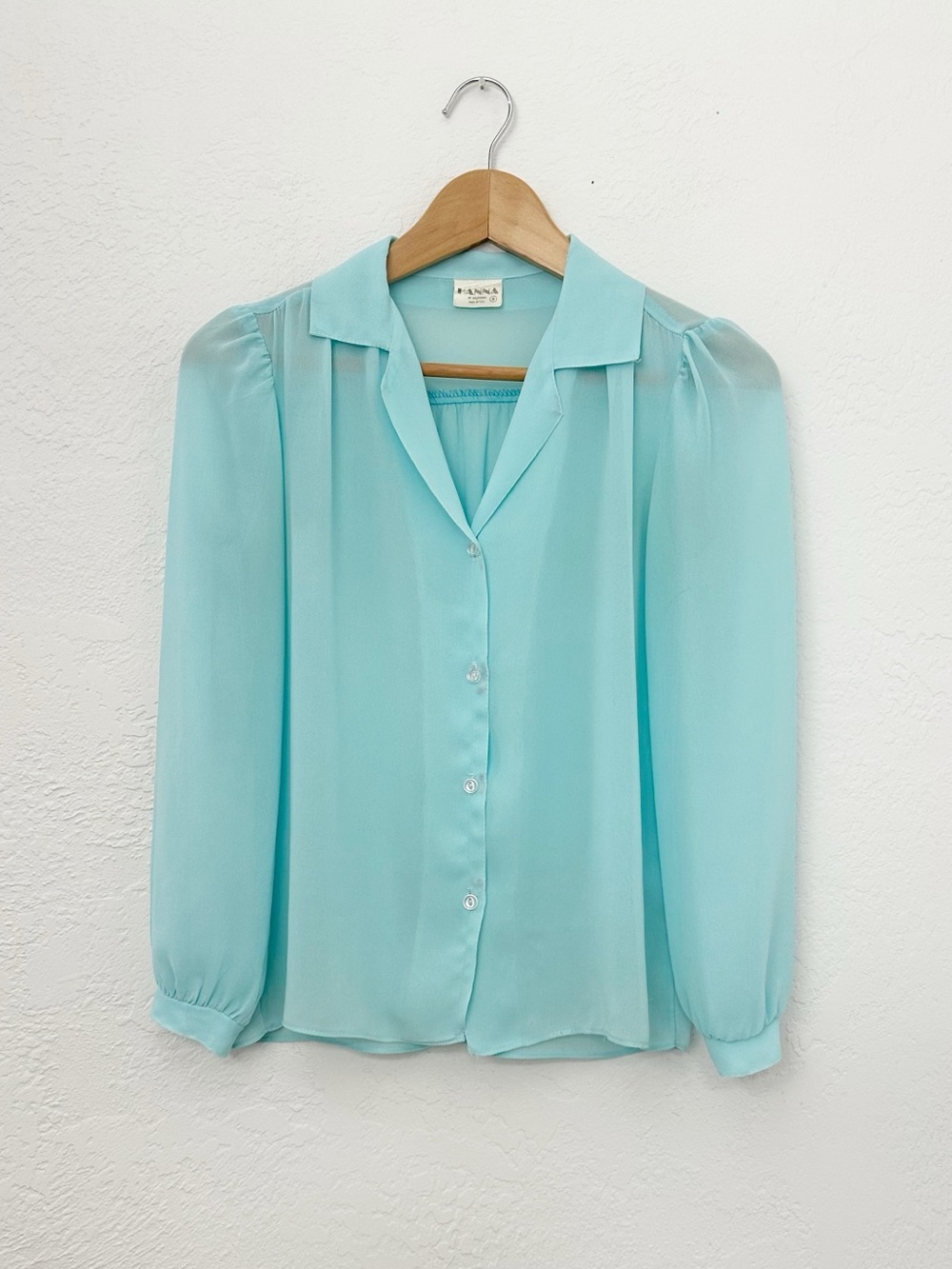 Vintage 70s Light Blue Chiffon Button Front Long Sleeve Shirt